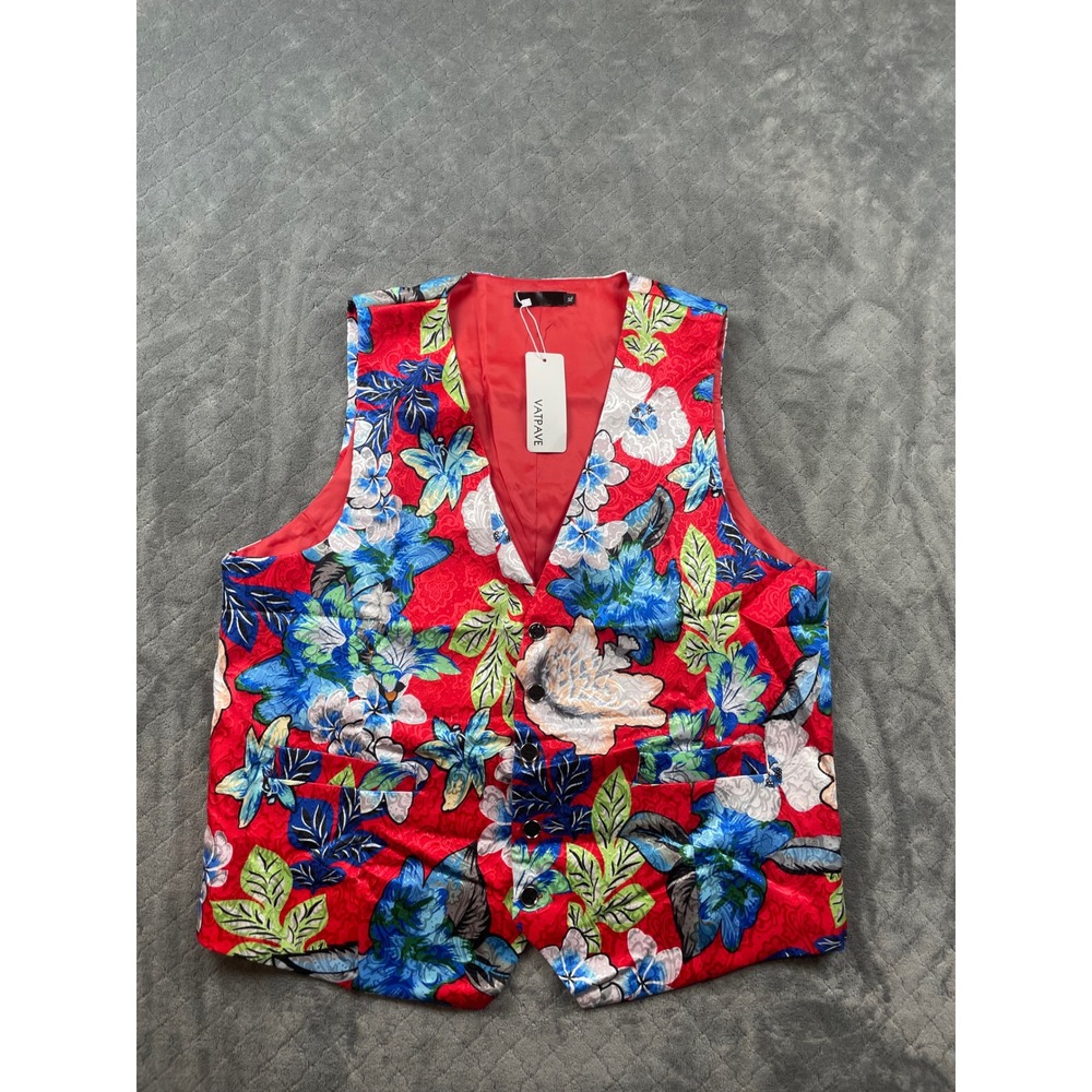 VATPAVE‎ Mens Floral Print Vest Red Blue Green Satin Look Slim Fit Tuxedo Style